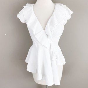 V Cristina White Ruffle V-Neck Party Blouse Top Small